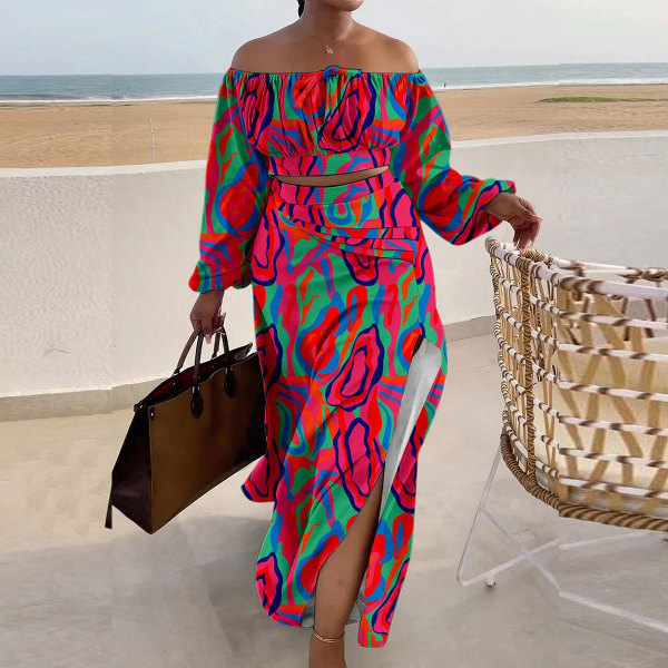 Sexy printed lantern sleeve split long skirt two-piece set