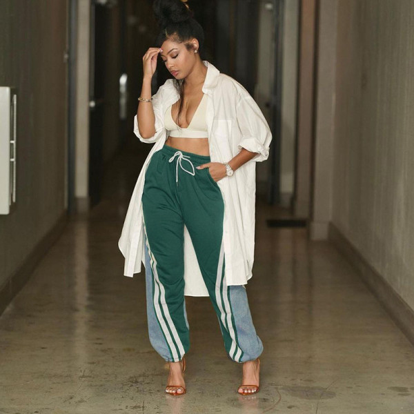Spliced striped contrasting denim printed high waisted drawstring loose casual hooded sports pants