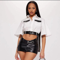 Women's PU leather contrast stitching lapel button pocket belt heavy work street loose short shirt