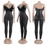 Sexy Feather Hot Diamond Slim Fit Wrap Hip Sleeveless jumpsuit