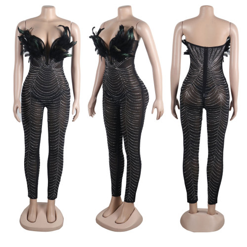 Sexy Feather Hot Diamond Slim Fit Wrap Hip Sleeveless jumpsuit