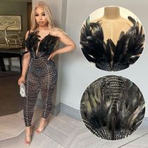 Sexy Feather Hot Diamond Slim Fit Wrap Hip Sleeveless jumpsuit