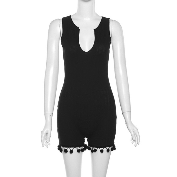 Women's sexy low cut open back hollow sleeveless slim fitting solid color jumpsuit