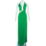 Women's Fashion Sexy Hanging Neck Hollow Back Slim Fit Split Dress