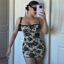 Women's Fashion Open Back Strap Slim Fit Retro Print Wrap Hip Dress Women's Fashion Open Back Strap Slim Fit Retro Print Wrap Hip Dress