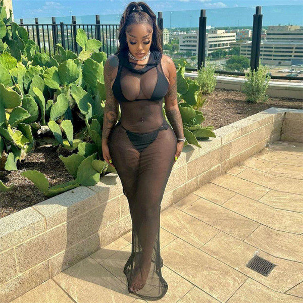 Women's Fashion Hooded Sexy Perspective Mesh Slim Fit Dress