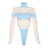 Women's contrasting color stitching sexy perspective mesh slim fitting base T-shirt