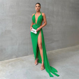 Women's Fashion Sexy Hanging Neck Hollow Back Slim Fit Split Dress