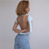 Women's contrasting color stitching sexy perspective mesh slim fitting base T-shirt