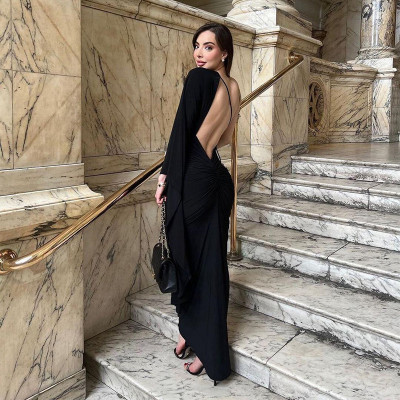 Women's Fashion One Shoulder Sleeves Sexy Low Cut Open Back Evening Dress Dress