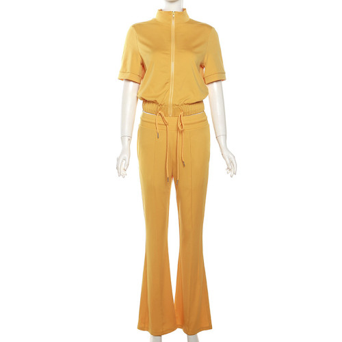 Women's short sleeved zippered cardigan T-shirt slimming slightly flared pants set