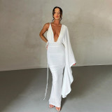 Women's Fashion One Shoulder Sleeves Sexy Low Cut Open Back Evening Dress Dress