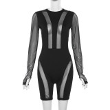 Women's Fashion Round Neck Long Sleeve Sexy Mesh Perspective Slim Fit jumpsuit