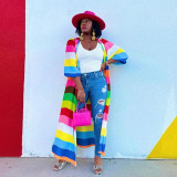 Oversized positioning printed rainbow color long cardigan jacket