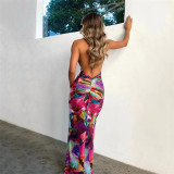 Women's Fashion Hanging Neck Sexy Perspective Open Back Slim Fit Wrap Hip Dress
