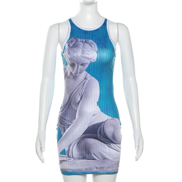 Women's Fashion Sleeveless Round Neck Sexy Wrapped Hip Print Dress