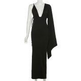 Women's Fashion One Shoulder Sleeves Sexy Low Cut Open Back Evening Dress Dress
