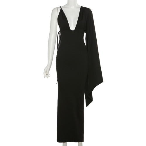 Women's Fashion One Shoulder Sleeves Sexy Low Cut Open Back Evening Dress Dress