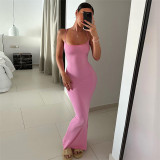 Women's sexy backless fashion suspender with a straight neck, slim fit, and buttocks wrapped dress