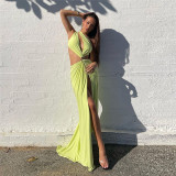 Women's Fashion Skew Shoulder Hollow Open Back Slim Fit Split Wrap Hip Dress