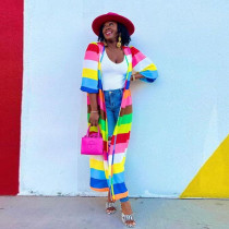 Oversized positioning printed rainbow color long cardigan jacket