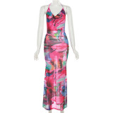 Women's Fashion Hanging Neck Sexy Perspective Open Back Slim Fit Wrap Hip Dress