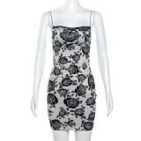 Women's Fashion Open Back Strap Slim Fit Retro Print Wrap Hip Dress