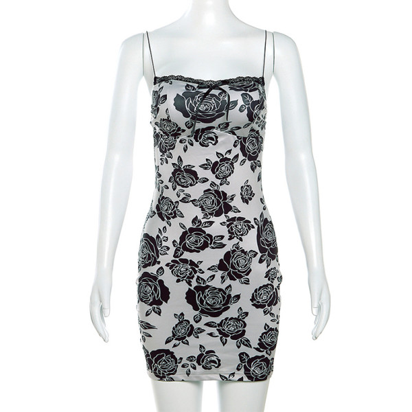 Women's Fashion Open Back Strap Slim Fit Retro Print Wrap Hip Dress