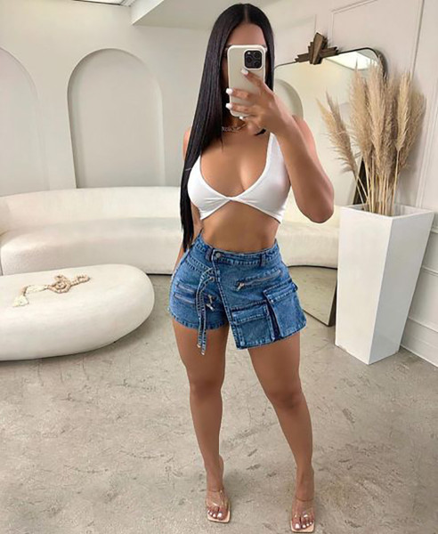 Irregular multi pocket work shorts with loose zipper jeans