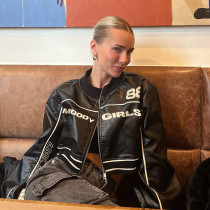 Motorcycle style letter printed thick bud leather jacket women's zipper cardigan round neck short jacket