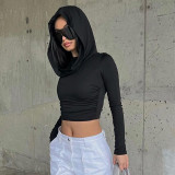Hooded pile up collar pleated T-shirt for women's slim fitting long sleeved navel exposed solid color basic short top