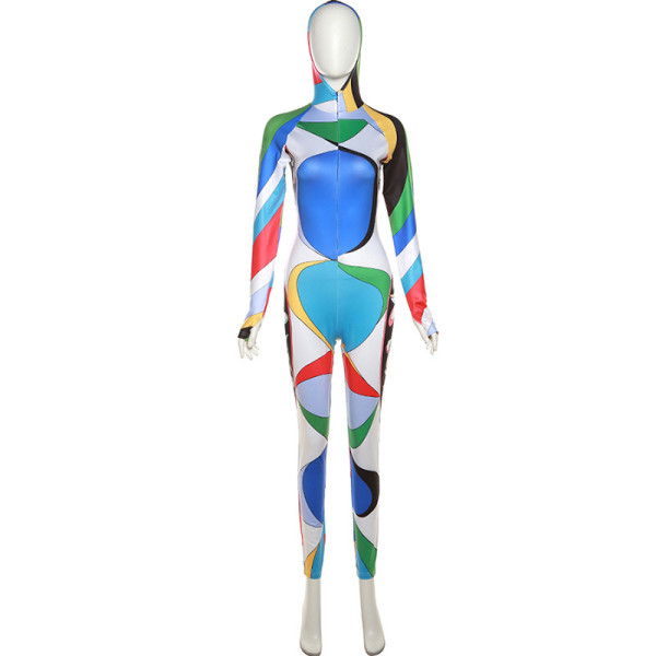 Women's fashion printed long sleeved hooded slim fitting casual leggings jumpsuit