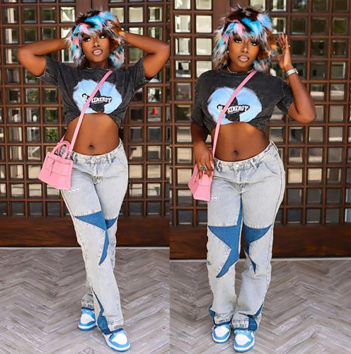 Five pointed star embroidery stitching high waisted women's jeans