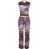 Women's Fashion Round Neck Sleeveless Tank Top Slim Fit High Waist Vintage Pants Set