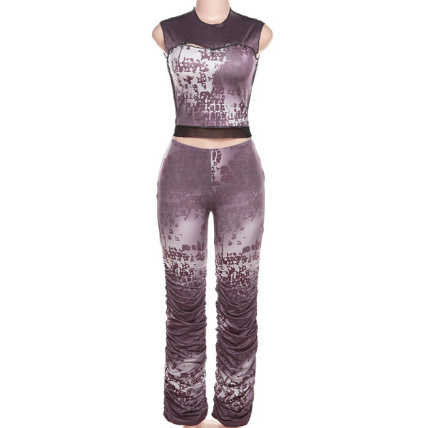 Women's Fashion Round Neck Sleeveless Tank Top Slim Fit High Waist Vintage Pants Set