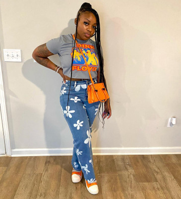 Flower printed straight leg jeans