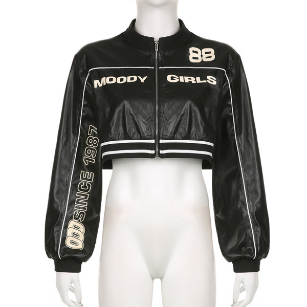 Motorcycle style letter printed thick bud leather jacket women's zipper cardigan round neck short jacket
