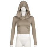 Hooded pile up collar pleated T-shirt for women's slim fitting long sleeved navel exposed solid color basic short top