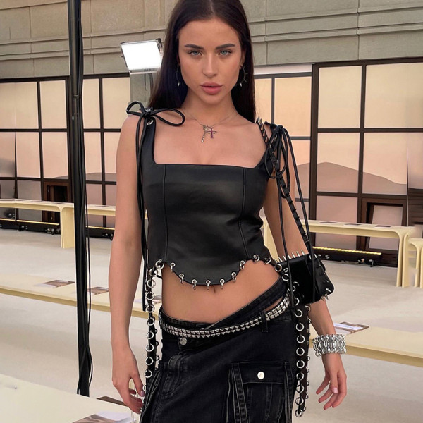 Sexy heavy duty leather eyelet circular stitching low cut solid color corset for women with hollowed out collar and exposed navel tank top