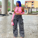 Multi pocket oversized jeans overalls