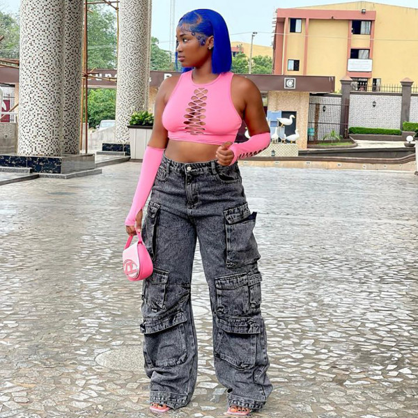 Multi pocket oversized jeans overalls