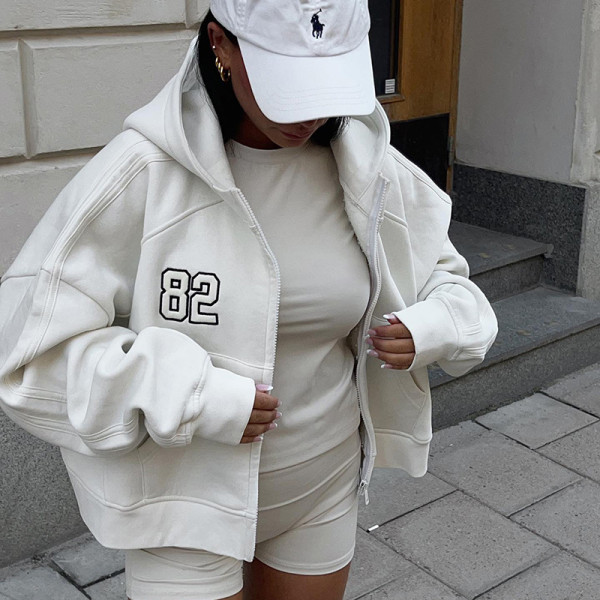 Embroidered Hooded Solid Sweater Women's Loose Pocket Zipper Cardigan Coat