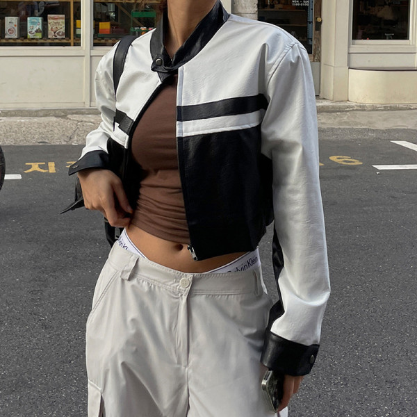 Color blocking zipper high neck leather jacket for women's straight tube slim short cardigan PU jacket
