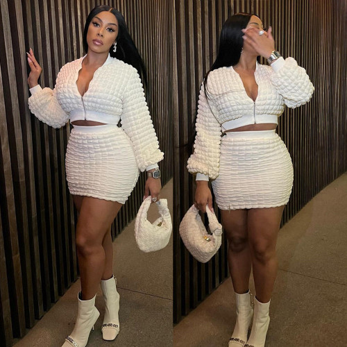 Casual Slim Fit Bubble Plaid Zipper Top Wrap Hip Skirt Set