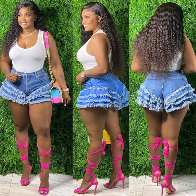 High waisted ruffled straight tube washed denim shorts