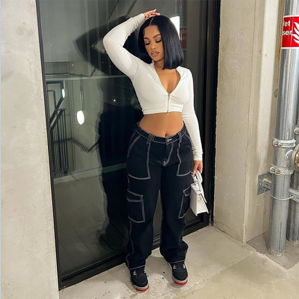 High Waist Wide Leg Open Thread Straight Stretch Jeans
