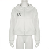 Embroidered Hooded Solid Sweater Women's Loose Pocket Zipper Cardigan Coat
