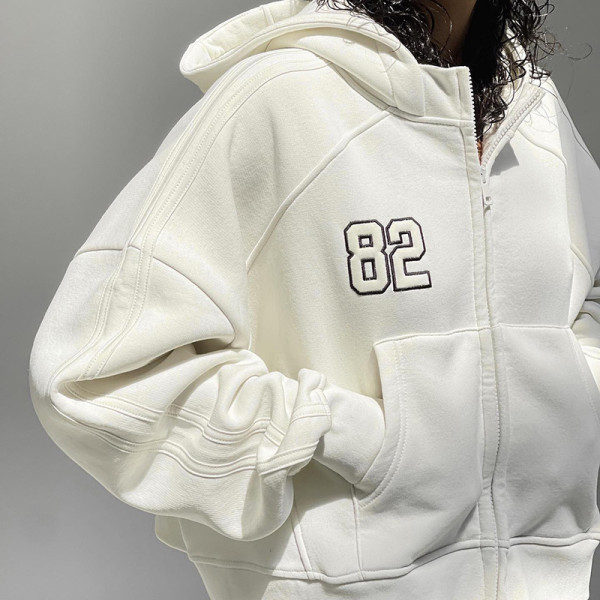 Embroidered Hooded Solid Sweater Women's Loose Pocket Zipper Cardigan Coat