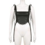 Sexy heavy duty leather eyelet circular stitching low cut solid color corset for women with hollowed out collar and exposed navel tank top