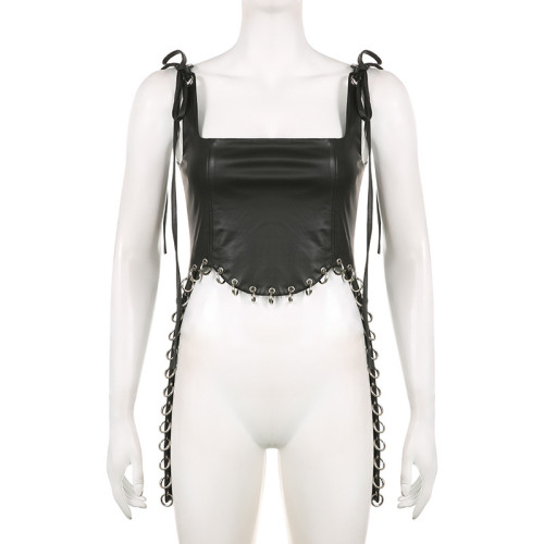 Sexy heavy duty leather eyelet circular stitching low cut solid color corset for women with hollowed out collar and exposed navel tank top